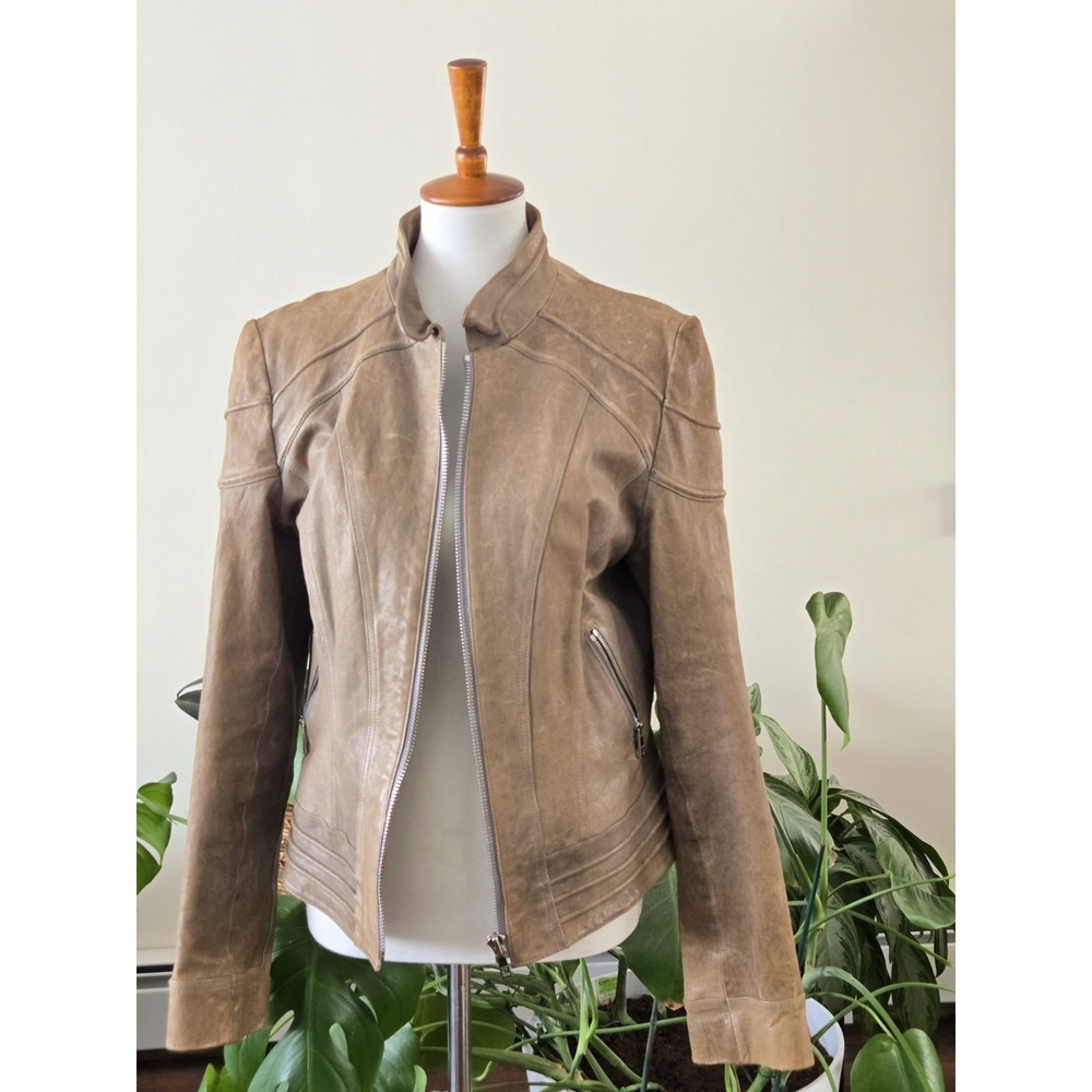 Andrew Marc Tooled Tanned Brown Leather Moto Zip Jacket Women's Size XL